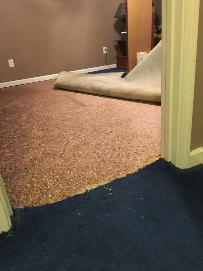 Carpet pad removal revealing water damage during Drying & Dehumidification in Mulvane
